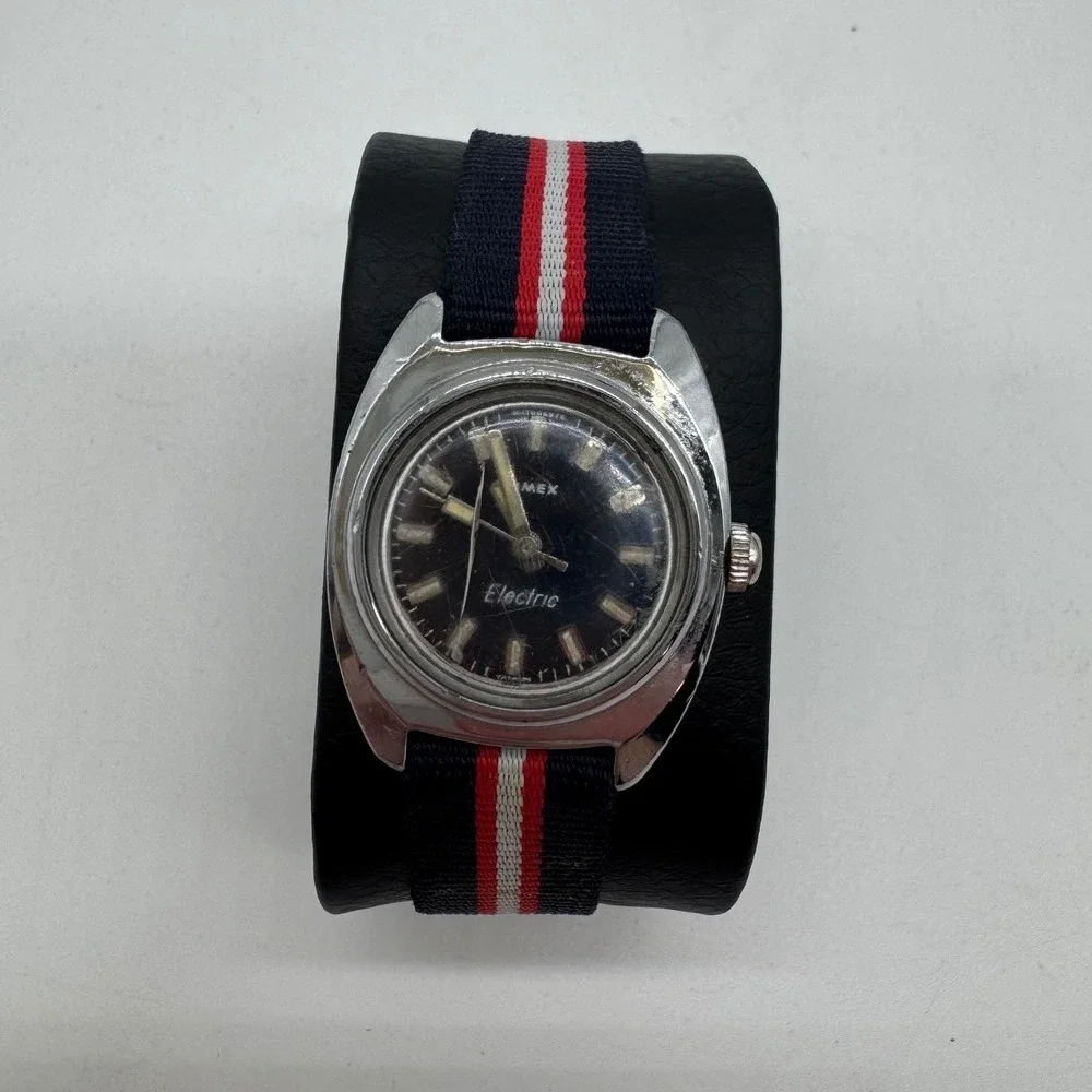 Vintage Timex Electric Watch Black Dial Silver Case Striped Nylon Strap Untested